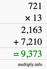 How to calculate 721 times 13 using long multiplication