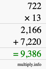 How to calculate 722 times 13 using long multiplication