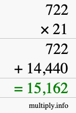 How to calculate 722 times 21 using long multiplication