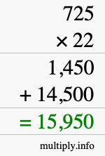 How to calculate 725 times 22 using long multiplication