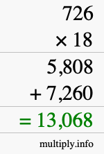 How to calculate 726 times 18 using long multiplication