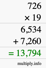 How to calculate 726 times 19 using long multiplication