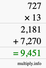How to calculate 727 times 13 using long multiplication