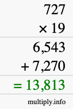 How to calculate 727 times 19 using long multiplication