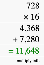 How to calculate 728 times 16 using long multiplication