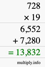 How to calculate 728 times 19 using long multiplication