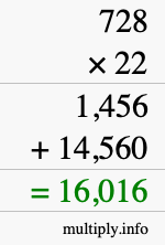 How to calculate 728 times 22 using long multiplication