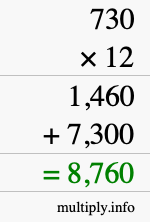 How to calculate 730 times 12 using long multiplication