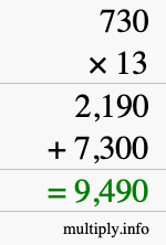 How to calculate 730 times 13 using long multiplication