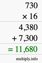 How to calculate 730 times 16 using long multiplication