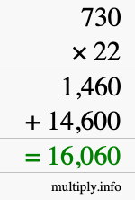 How to calculate 730 times 22 using long multiplication