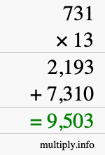 How to calculate 731 times 13 using long multiplication