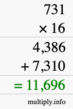 How to calculate 731 times 16 using long multiplication