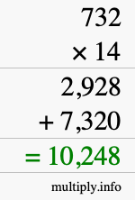 How to calculate 732 times 14 using long multiplication