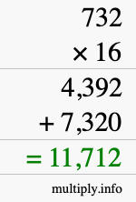 How to calculate 732 times 16 using long multiplication