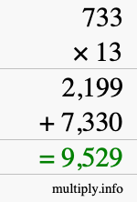 How to calculate 733 times 13 using long multiplication