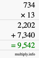 How to calculate 734 times 13 using long multiplication