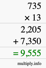 How to calculate 735 times 13 using long multiplication