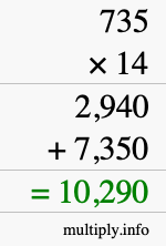 How to calculate 735 times 14 using long multiplication