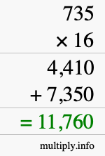 How to calculate 735 times 16 using long multiplication