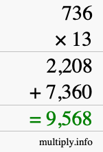 How to calculate 736 times 13 using long multiplication