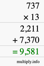 How to calculate 737 times 13 using long multiplication