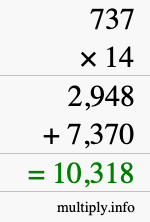 How to calculate 737 times 14 using long multiplication