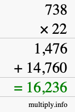 How to calculate 738 times 22 using long multiplication