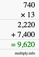 How to calculate 740 times 13 using long multiplication