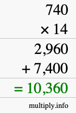 How to calculate 740 times 14 using long multiplication