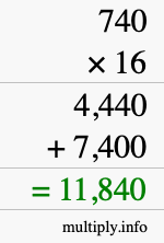How to calculate 740 times 16 using long multiplication
