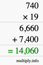 How to calculate 740 times 19 using long multiplication
