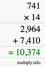 How to calculate 741 times 14 using long multiplication