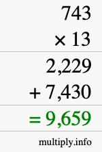How to calculate 743 times 13 using long multiplication