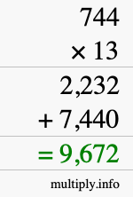 How to calculate 744 times 13 using long multiplication