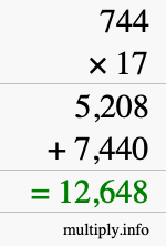 How to calculate 744 times 17 using long multiplication