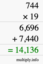 How to calculate 744 times 19 using long multiplication