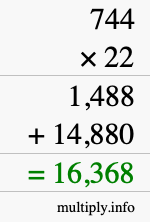 How to calculate 744 times 22 using long multiplication