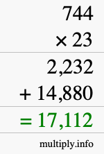 How to calculate 744 times 23 using long multiplication