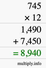 How to calculate 745 times 12 using long multiplication