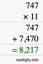 How to calculate 747 times 11 using long multiplication
