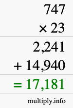 How to calculate 747 times 23 using long multiplication