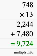 How to calculate 748 times 13 using long multiplication