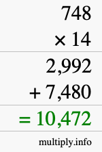 How to calculate 748 times 14 using long multiplication