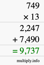 How to calculate 749 times 13 using long multiplication