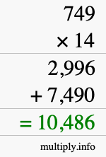 How to calculate 749 times 14 using long multiplication
