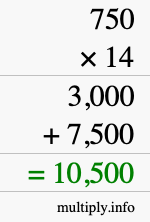 How to calculate 750 times 14 using long multiplication