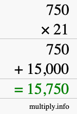 How to calculate 750 times 21 using long multiplication