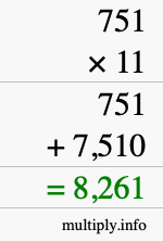 How to calculate 751 times 11 using long multiplication
