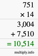 How to calculate 751 times 14 using long multiplication